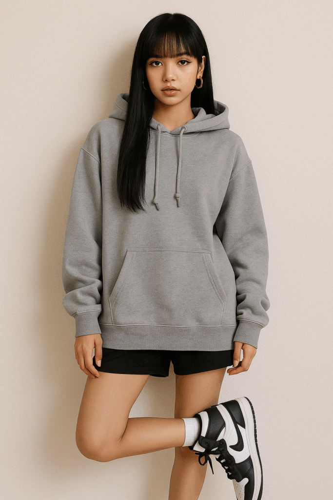 Streetwear Kpop look with oversized hoodie and high-top sneakers inspired by Lisa