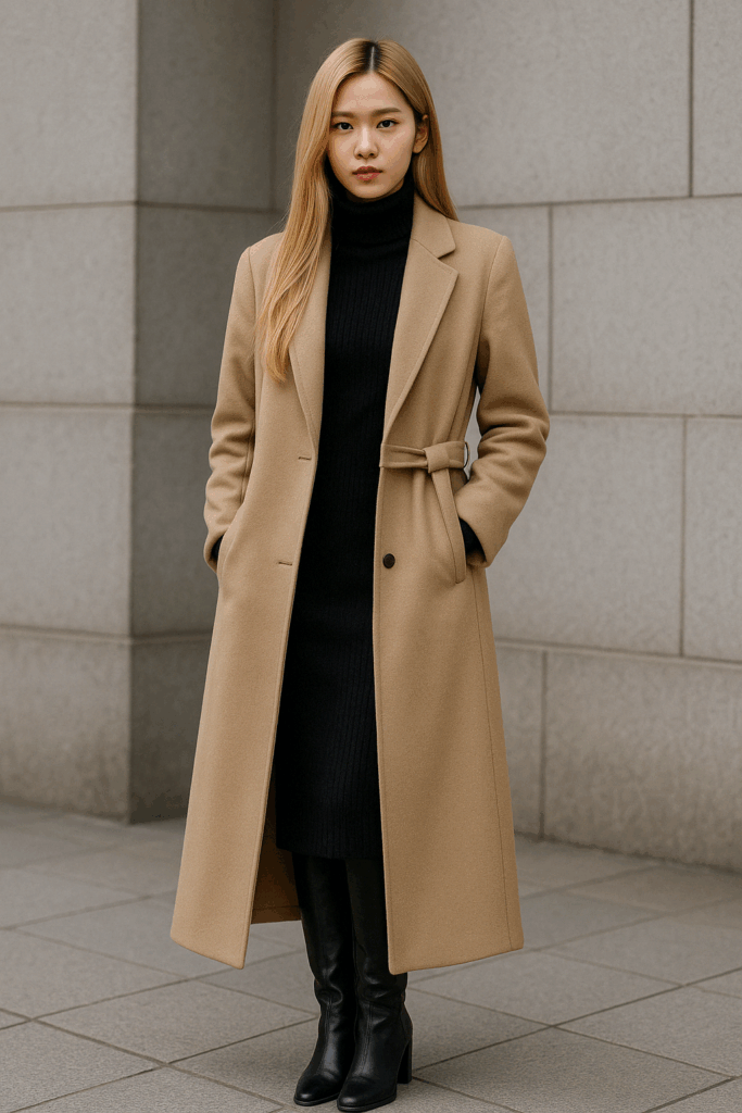 Rosé winter fashion with beige long coat