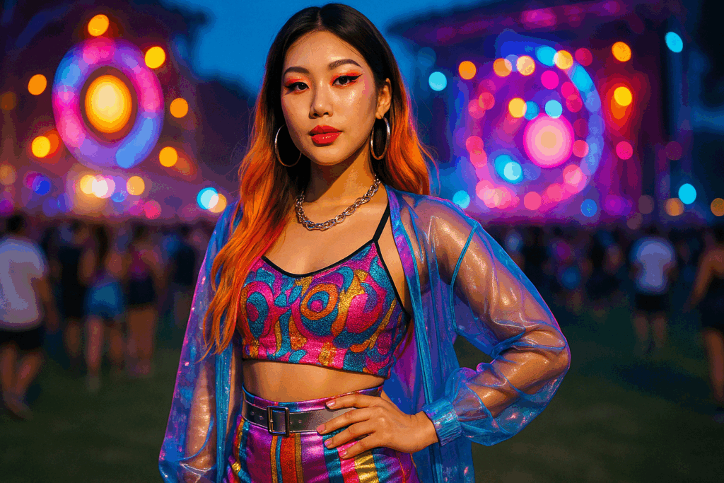 Hyolyn KCON summer outfit with metallic shorts