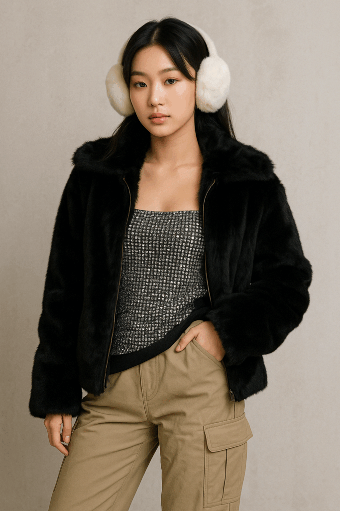 Winter K-pop fashion with faux fur accents