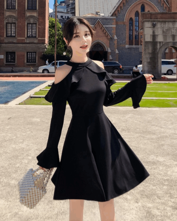 Black Cold Shoulder Kpop Fashion Women Dress