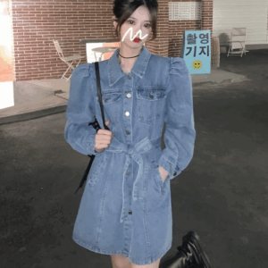 Blue Puff Sleeve Belted Denim Kpop Fashion Women Dress