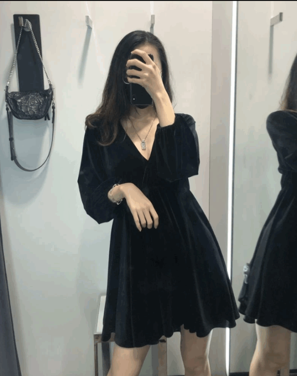 Black Retro Velvet Doll Kpop Fashion Women Dress