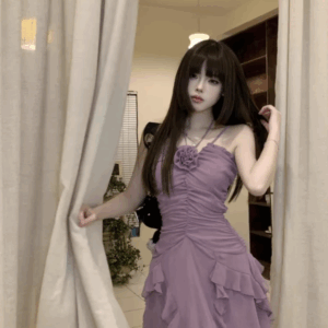 Lilac Flower Ruffles Halter Kpop Fashion Women Dress
