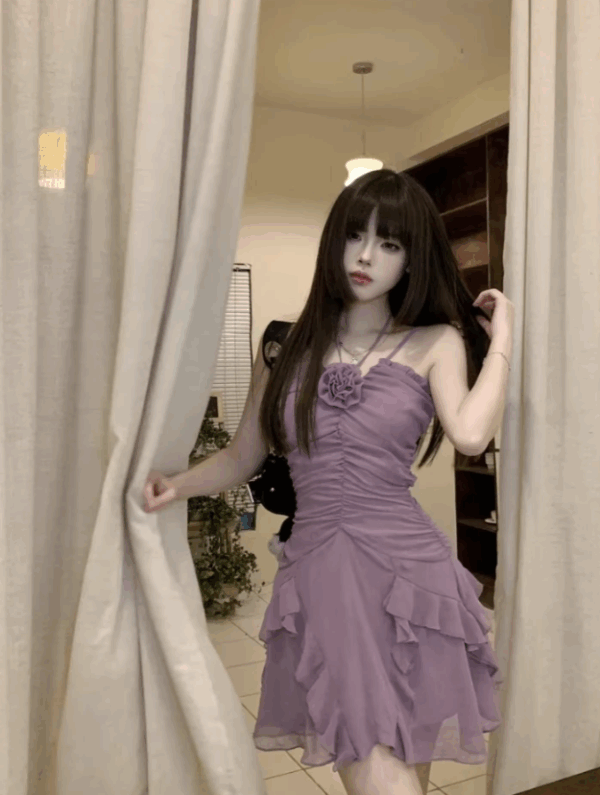 Lilac Flower Ruffles Halter Kpop Fashion Women Dress