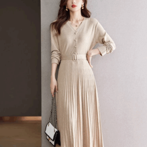 Beige Belted Kpop Fashion Women Dress