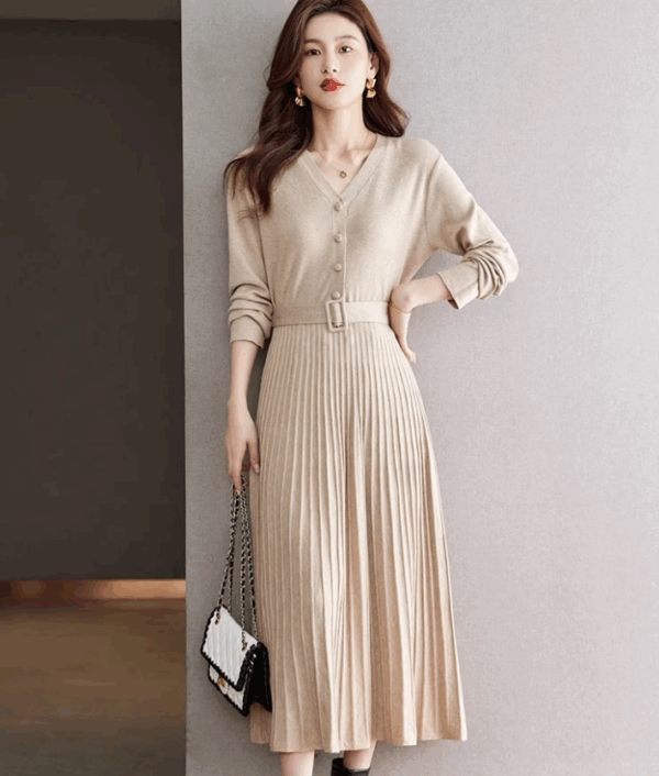 Beige Belted Kpop Fashion Women Dress