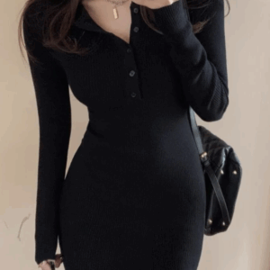 Black Ribbed Kpop Fashion Women Dress