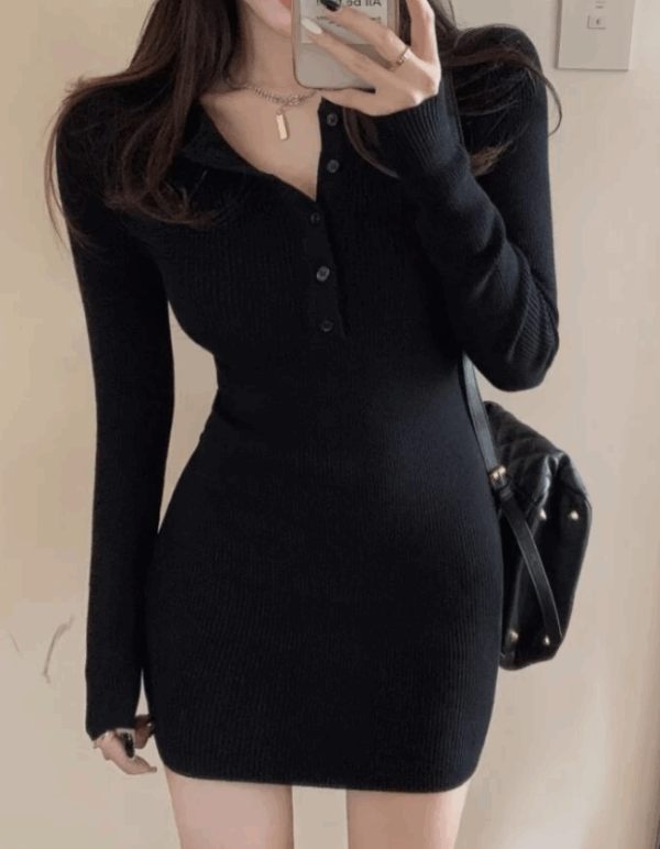 Black Ribbed Kpop Fashion Women Dress