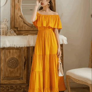 Yellow Off-Shoulder Maxi Kpop Fashion Women Dress