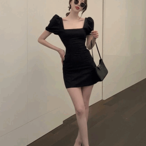 Black Puff Sleeve Kpop Fashion Women Dress