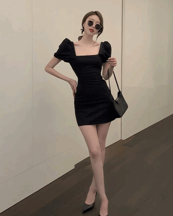 Black Puff Sleeve Kpop Fashion Women Dress