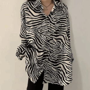 Kpop Fashion Women Black And White Zebra Shirt Dress
