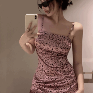 Pink Leopard Pattern Sling Mini Kpop Fashion Women Dress